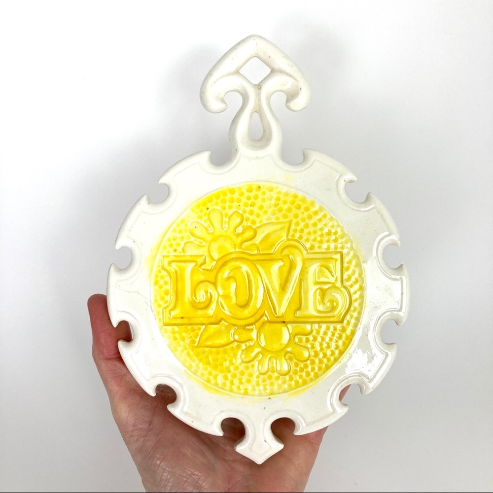 •VINTAGE• 1970s BOHO Love Trivet Hippy Yellow Wht